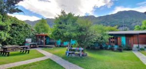 una casa con una mesa de picnic y un árbol en el patio en La Estacion Hostel en Lago Puelo