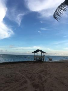 a picnic table on a beach with the ocean at Apart-Hotel Beira Mar em Mar Grande - Vera Cruz - Ilha de Itaparica in Aratuba Beach