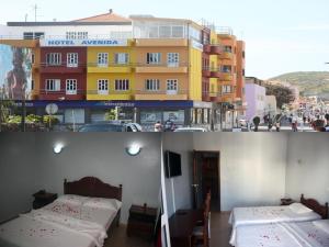 dos fotos de un hotel con dos camas y un edificio en Hotel Avenida, en Assomada