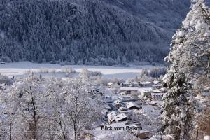 una pequeña ciudad en las montañas con árboles nevados en Haus Stefan, en Oetz