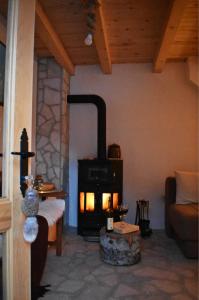a fireplace in a living room with a stove at Mountain Lodge Mont Peace in Kolašin