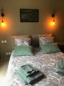 een slaapkamer met een bed met groene handdoeken erop bij Chambre d'hôte à La maison du petit bois 4 étoiles in Ventenac-Cabardès +72 foto's