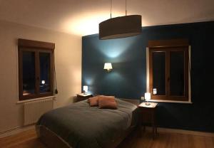 a bedroom with a bed and two windows at Chambre double dans Auberge Alsacienne in Scherwiller