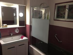 a bathroom with a shower and a sink and a mirror at AU PIED DU VERCORS TOUT EST PERMIS in La Rivière