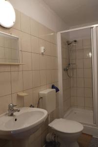 a bathroom with a sink and a toilet and a shower at Pokoje u Tadeusza in Zakopane