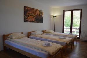 Habitación con 3 camas y una pintura en la pared. en Villa My Island, en Bihać