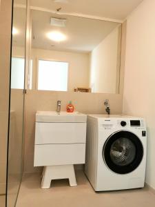 een badkamer met een wasmachine en een wastafel bij Apartment am Belvedere Vienna in Wenen