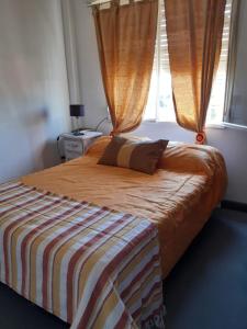 Schlafzimmer mit einem Bett mit Vorhängen und einem Fenster in der Unterkunft Departamento Plaza in San Salvador de Jujuy