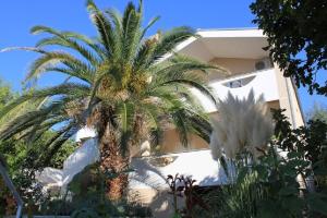 a palm tree in front of a building at Apartments Ante - 50m from the sea in Posedarje