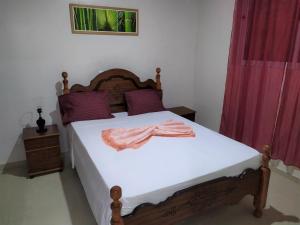 a bedroom with a bed with white sheets and purple pillows at Casa Cabral : Big Apartment next to the beach in Tarrafal