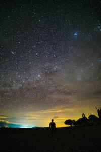 a man standing in a field looking up at the night sky at Payande - Tatacoa in Villavieja