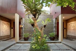 a palm tree in front of a building with plants at Kanishka Villas in Seminyak