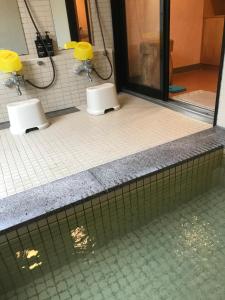 a bathroom with two toilets on a tiled floor at Lodge Nakajima in Nozawa Onsen