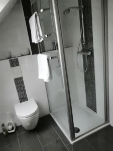 a bathroom with a toilet and a glass shower at Apartment am Obenende in Papenburg
