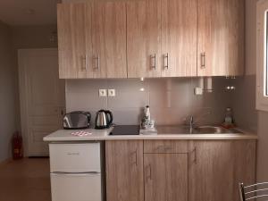 a kitchen with wooden cabinets and a sink at Rodanthy Studios IV in Katelios