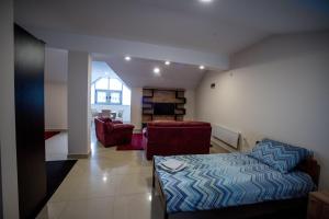 een woonkamer met een bed en een bank bij City Center Apartments in Pirot
