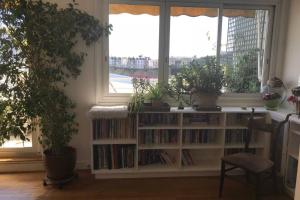 a book shelf with books and potted plants in a window at Bel appartement lumineux / Happy rooftop 120 m2 in Paris