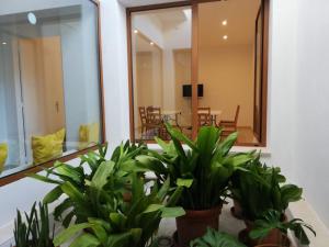 a room with two potted plants and a dining room at Apartamentos Villa Primera in Cala Figuera
