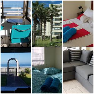 un collage de fotos de una habitación con vistas a la playa en DEPTO 1RA LINEA FRENTE AL MAR Condominio Palmar 4P, en La Serena