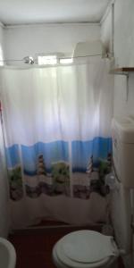 Un baño con inodoro y cortina de ducha. en Apartamentos Flor de Lis, en La Paloma