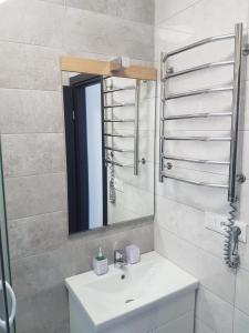 ein Bad mit einem Waschbecken und einem Spiegel in der Unterkunft Apart Panorama in Lwiw