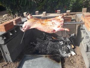 un pollo sta cuocendo sopra un fuoco in una griglia di maison la branche d oiseaux a Douar Annbirat