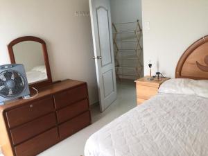 a bedroom with a bed and a dresser and a mirror at DEPARTAMENTO SAN BARTOLO-2dormitorios in Lima