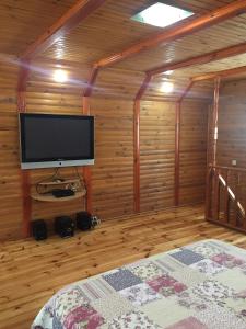 una camera da letto con TV a schermo piatto in una baita di tronchi di Домик для отдыха рядом Днепр a Čerkasy