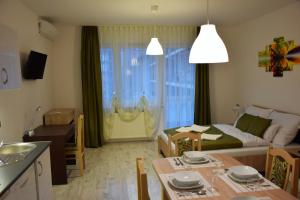 a kitchen and a living room with a couch and a table at Downtown Apartment Miskolc in Miskolc