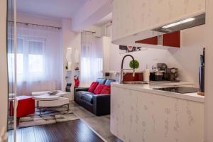 cocina y sala de estar con sofá en Studio Residence Militari M6 en Roşu