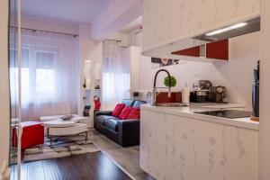 a kitchen and a living room with a couch at Studio Residence Militari M6 in Roşu