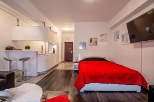 1 dormitorio con cama roja y cocina en Studio Residence Militari M6, en Roşu