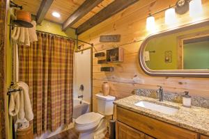a bathroom with a toilet and a sink and a mirror at Cozy Couples Getaway with Hot Tub Fox Ridge Cabin in Whittier +24 photos