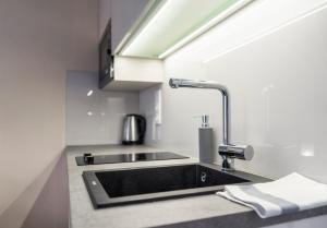 a kitchen counter with a sink and a faucet at Bilkova Old Town Residence in Prague +9 photos
