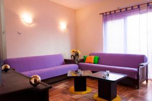 sala de estar con sofá púrpura y 2 mesas en Goldy Hostel, en Bitola