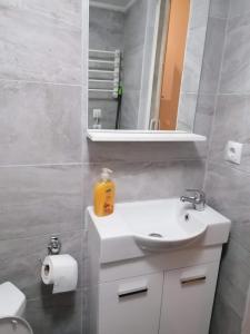 a bathroom with a white sink and a mirror at Central City Kristalli studio in Thessaloniki