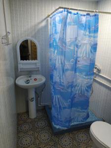 baño con lavabo y cortina de ducha azul en Zafar Family Guesthouse, en Bukhara