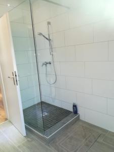 a shower stall with a glass door with a shower at Diti Apartment in Lottstetten