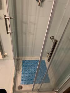 y baño con ducha y puerta de cristal. en Bicocca Flat F, en Milán