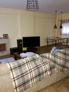 a living room with a couch and a tv at Modern House in Afitos