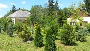 un jardín con árboles y una casa al fondo en Liget Vendégház, en Kerkafalva