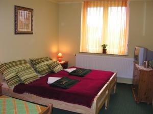 Un dormitorio con una cama con sábanas rojas y una ventana en La Villa Pergola, en Szentgotthárd
