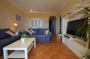 a living room with a blue couch and a tv at Apartamentos Solmares in Isla Canela