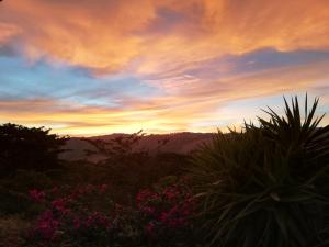 una puesta de sol en las montañas con flores rosas en Hotel El Amanecer, en Monteverde