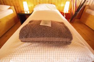 a bed with a brown blanket on top of it at Sust Lodge am Gotthard in Hospental