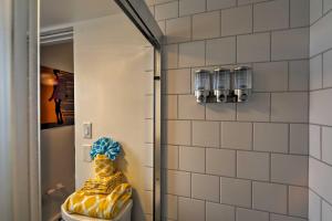 a bathroom with a shower with a monkey on the toilet at Trendy Apt on Route 66 - Near Standin on a Corner in Winslow +17 photos