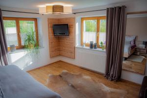 a bedroom with a bed and a tv and windows at Ferienwohnung AlMa in Pflach