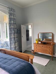 ein Schlafzimmer mit einem Bett, einem Spiegel und einer Kommode in der Unterkunft Hawkes Bay Villa-Beechwood in Hastings