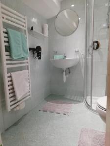 łazienka z umywalką i prysznicem oraz lustrem w obiekcie Ferienwohnung Angererhof w Reith im Alpbachtal