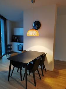 een eetkamer met een tafel en stoelen en een licht bij Apartment am Belvedere Vienna in Wenen